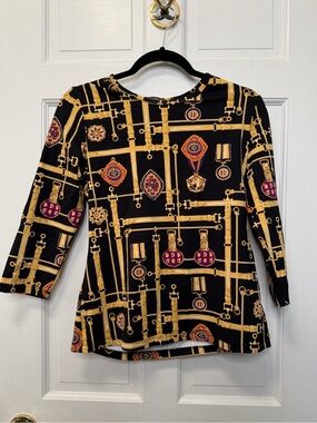 J. McLaughlin Equestrian Chain Print Stretch Tunic Top 3/4 Sleeve Size Medium